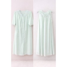 Vintage Shadowline Mint Green Nightgown  Robe Set with Floral Lace Rosebuds S