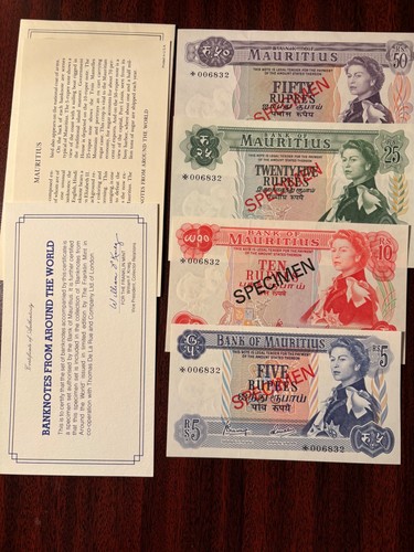 Mauritius Specimen Banknote Set - 5, 10, 25, 50 Rupien - Queen Elizabeth II - Ma