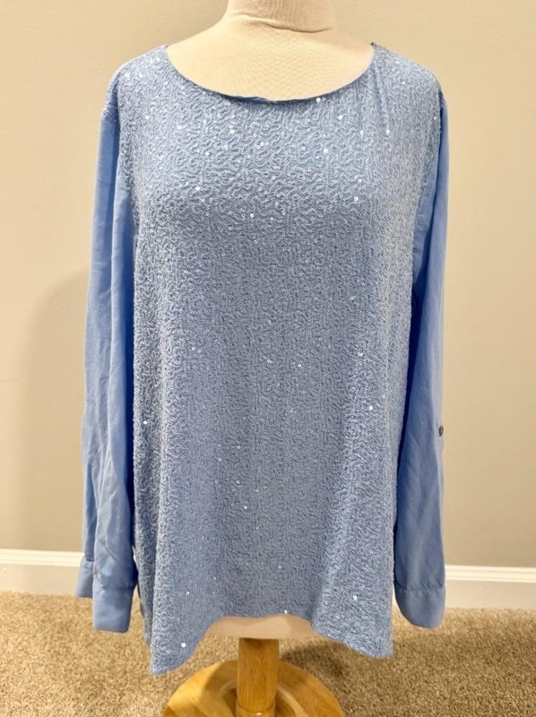 Womens Chico's Size 3 XL/16 Light Blue Sequined 3/4 or Long Sleeve Dressy Blouse