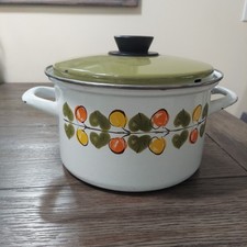 Vtg Austria Email 1970s Enamel Cook Pot Ditch Oven w/ Avocado Green Lid & Fruit