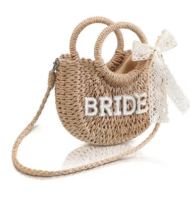 Pinkunn Bride Straw Purse Handwoven Bag Rhinestone Letter Patches Bag Bacheloret