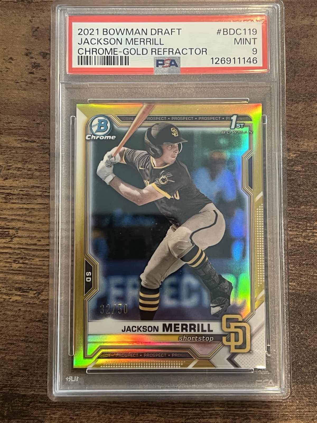 Bowman 2021 Draft Chrome Jackson Merrill Gold Refractor /50 PSA 9 bowman 1st