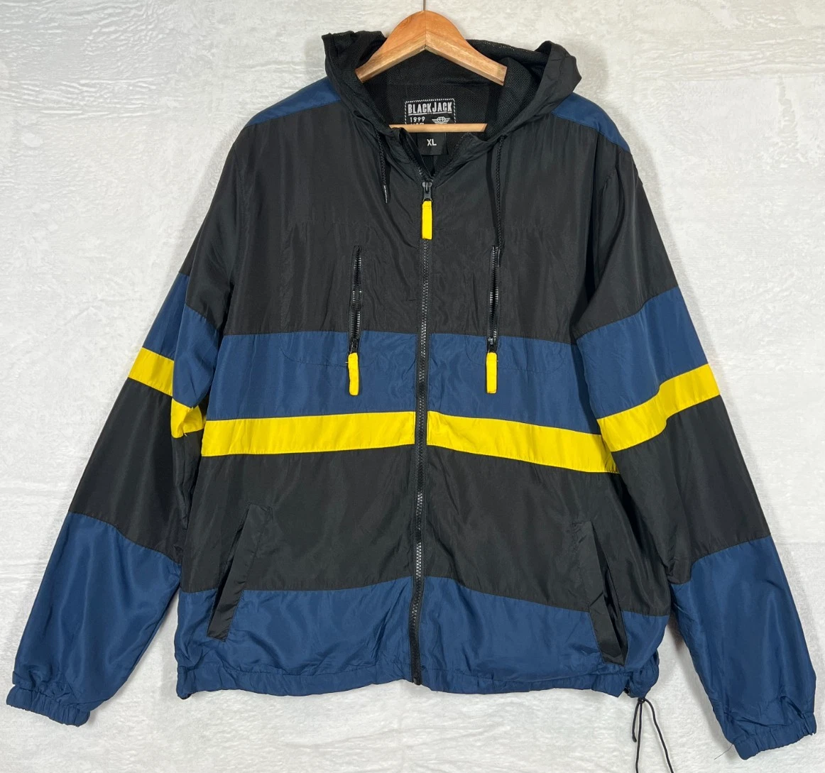 BlackJack 1999 Jacket Mens XL Black Blue Yellow Hooded Windbreaker Festival
