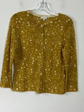 Garnet Hill Floral Print Merino Wool Cardigan Sweater Mustard Yellow Size Small