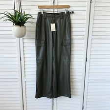 New Elan Faux Vegan Leather Olive Green Cargo Pants Straight Leg Size M