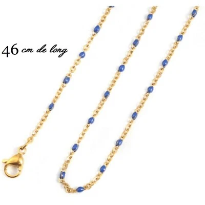 Collier,chaîne très fine femme mini perle émail Bleu Acier Inoxyda. 46cm - Photo 1/4