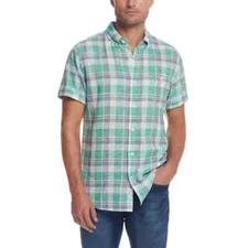 Weatherproof Vintage Men’s Washable Linen Short Sleeve Woven Shirt, Green, L