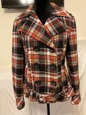 Kensie Coat Medium Plaid Brown Pink White Black Double Breasted Belted Lined Y2k