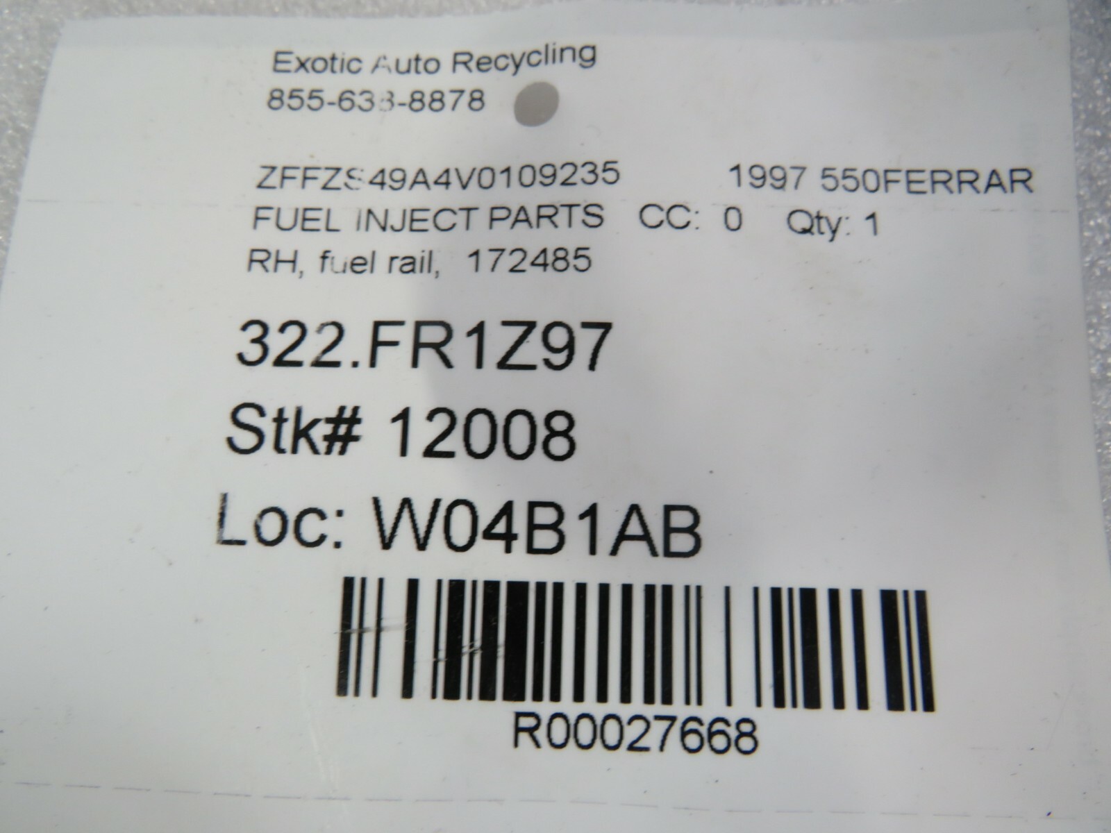 Ferrari 550, RH, Right, Fuel Rail, Used, P/N 172485