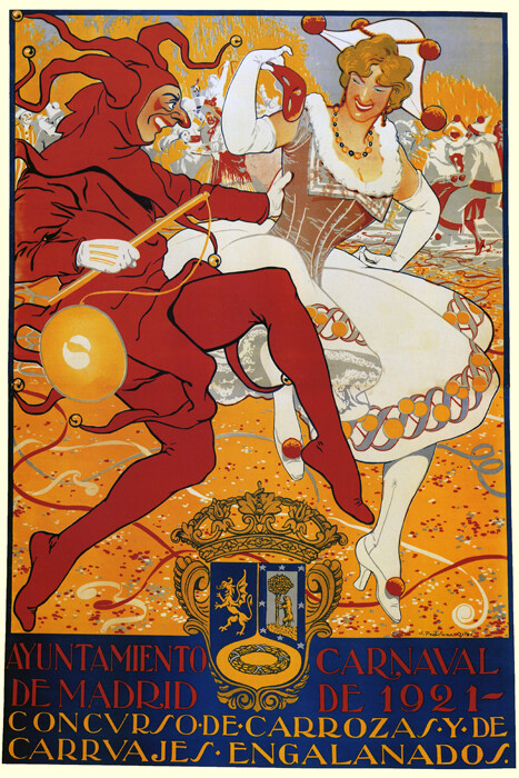 Carnaval Arlequín Columbina 1921 Disfraces Madrid España Vintage Póster Repro