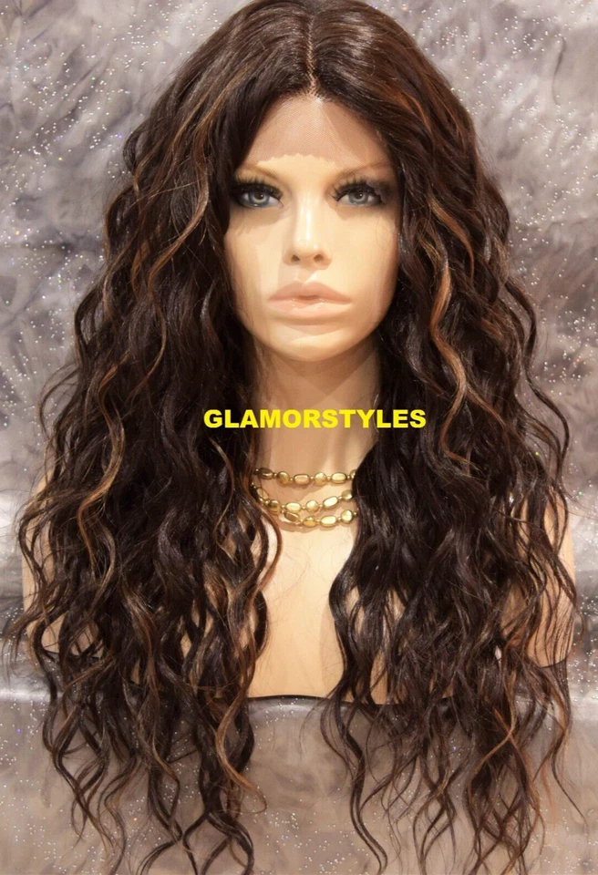 PERUCA COMPLETA FRENTE DE RENDA LONGA CAMADA ONDULADA PARTE MÉDIA MARROM AUBURN MIX CALOR OK NOVA COM ETIQUETAS - Imagem 3 de 4
