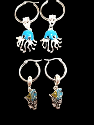 Blue Octopus and Colorful Reef Fish Earrings in Stainless Steel Hoops You Choose