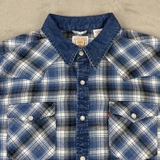 Vintage Levi's Western Pearl Snap Shirt Men Medium Blue Plaid Flannel Pocket NWT