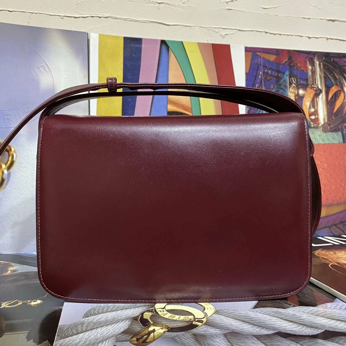Vintage OLD CELINE Classical Shoulder Bag Bordeaux Diagonal Bag W23.5cm Rare