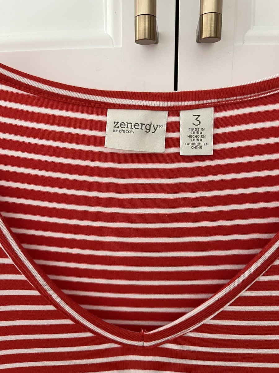 CHICOS ZENERGY SZ 3 RED/WH STRIPED SH SLEEVE WITH ARM CUTOUTS