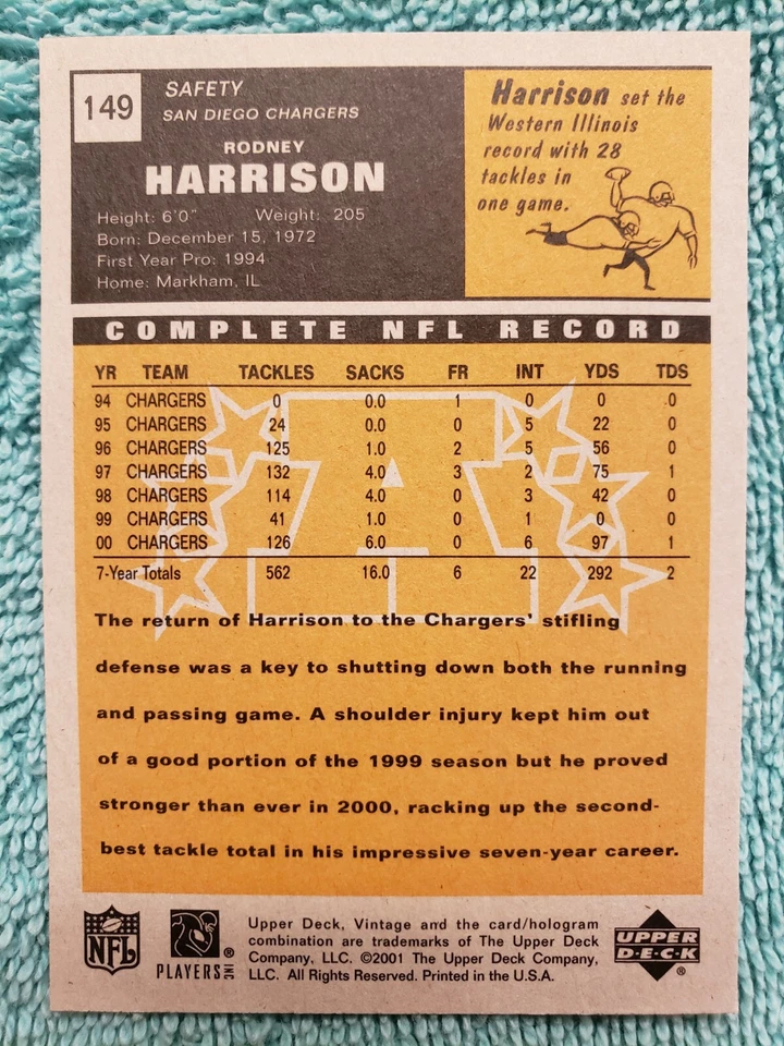 2001 UPPER DECK VINTAGE RODNEY HARRISON #149 SAN DIEGO CHARGERS - Image 4 of 4