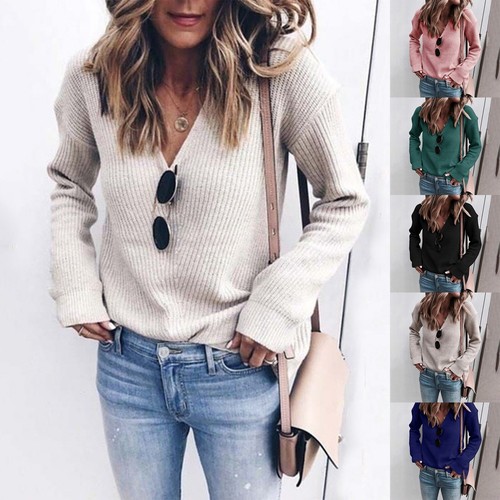 Women's Fashion Casual Slim Fit Long Sleeve V-neck Knitted Sweater Tops