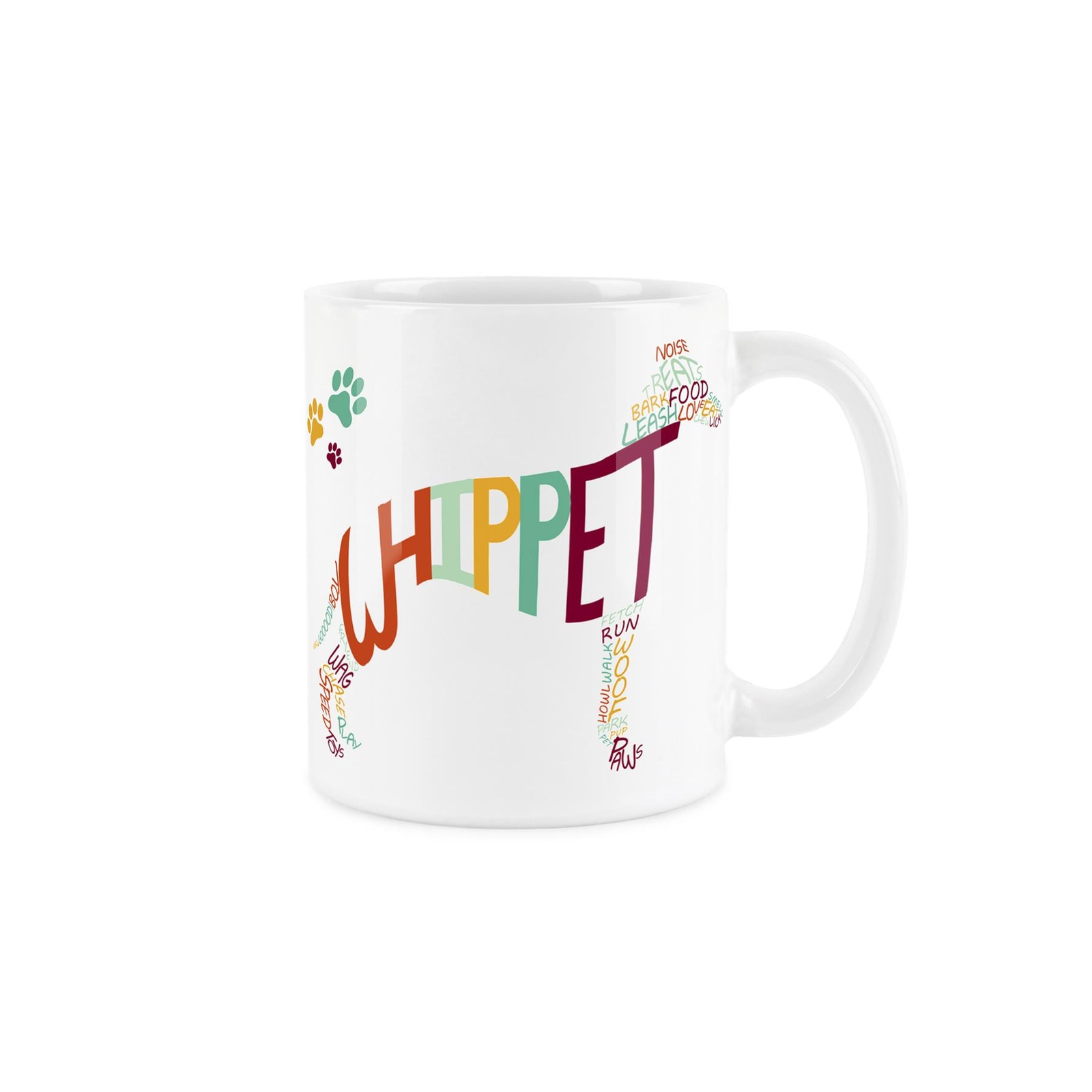 Whippet Dog Mug - Colourful Paw Prints Novelty Gift for Dog Lovers - Ceramic Cup