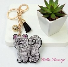 White Cat Felt Puffy Sparkling Tassel Keychain w/ Rhinestones / bag charm NEW