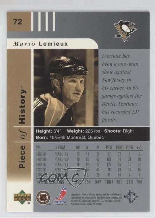 2002-03 Upper Deck Piece Of History Mario Lemieux #72 HOF - Image 2 of 2