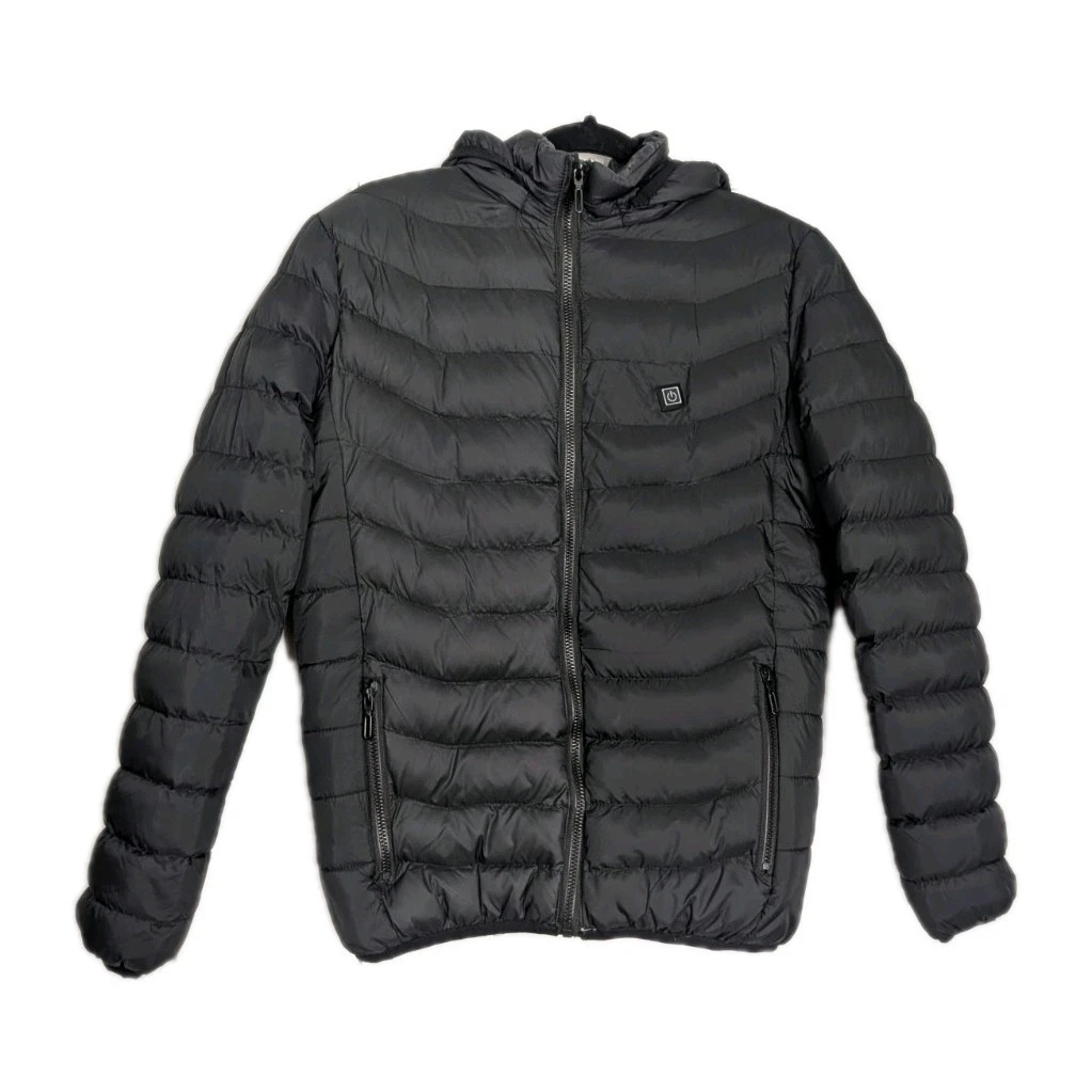USB Rechargeable Heated Puffer Jacket Coat Black Hooded Battery Pack Included S