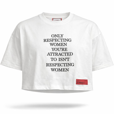 CHNGE Damen Respekt Statement Rundhals Kurzarm Cropped Top, Weiß, XXL
