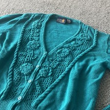 Vintage Teal Cottage Core Granny Embroidered Cardigan Sweater. Boho Indie. M