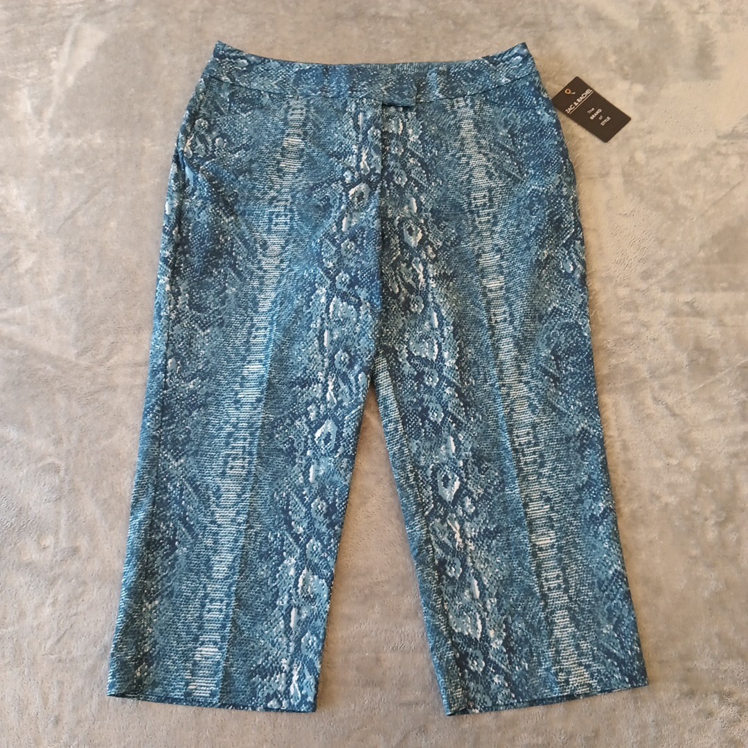Zac & Rachel Capri Pants Womens Size 12 Blue Geometric Cotton Blend 32x21 New