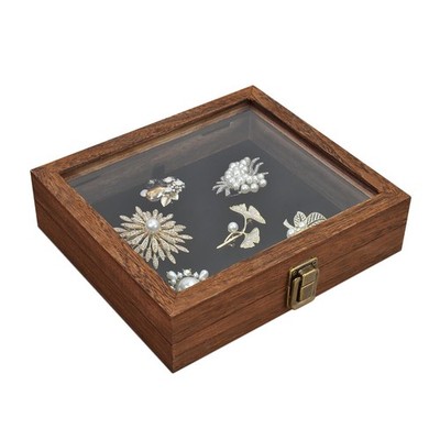 TemperedGlass Top Small Wooden Jewelry Display Case with Removable Black Luxu...