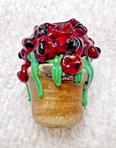 Handmade Art Glass Lampwork Bead Red Flowers In Flower Pot 1 1/4 : 1 1/8 W