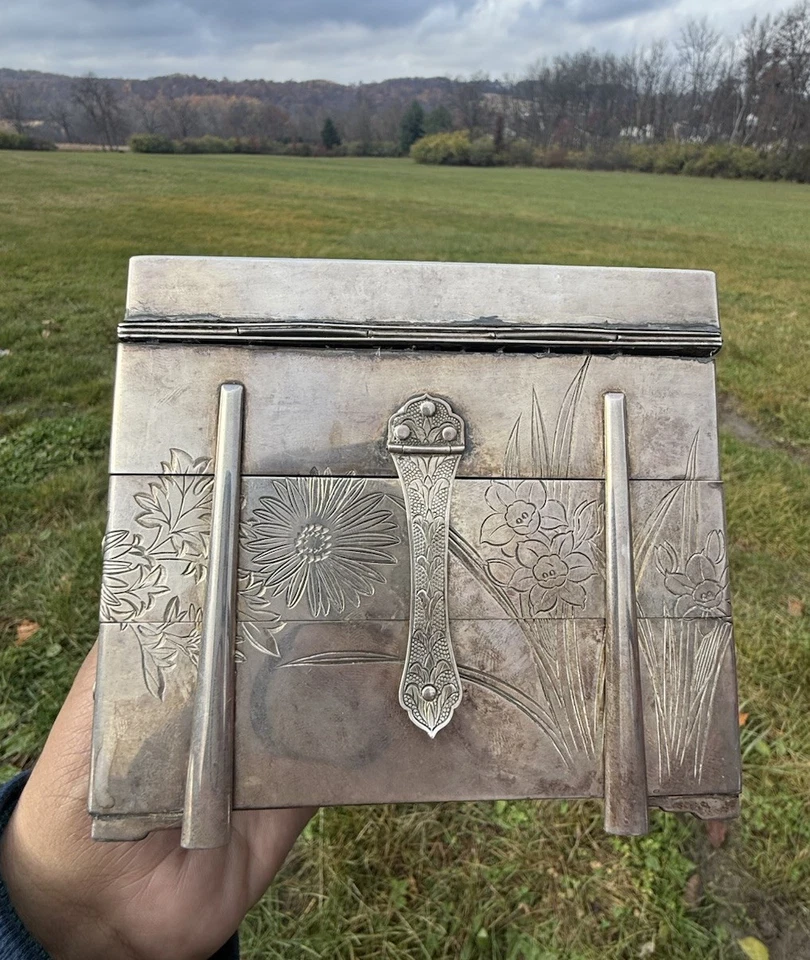 Caixa de joias antiga japonesa do período Meiji (1868–1912) prata esterlina 3 camadas - Imagem 3 de 4