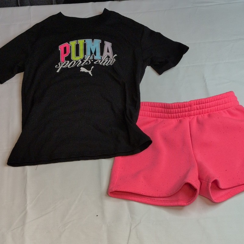 PUMA Girls 2-Piece Logo Shorts Set Black T-Shirt Pink Shorts US 5