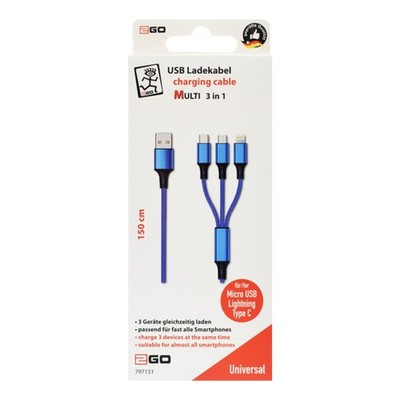 2GO - 3in1 USB Ladekabel blau für Micro-USB, Lightn, USB C 1,5 m