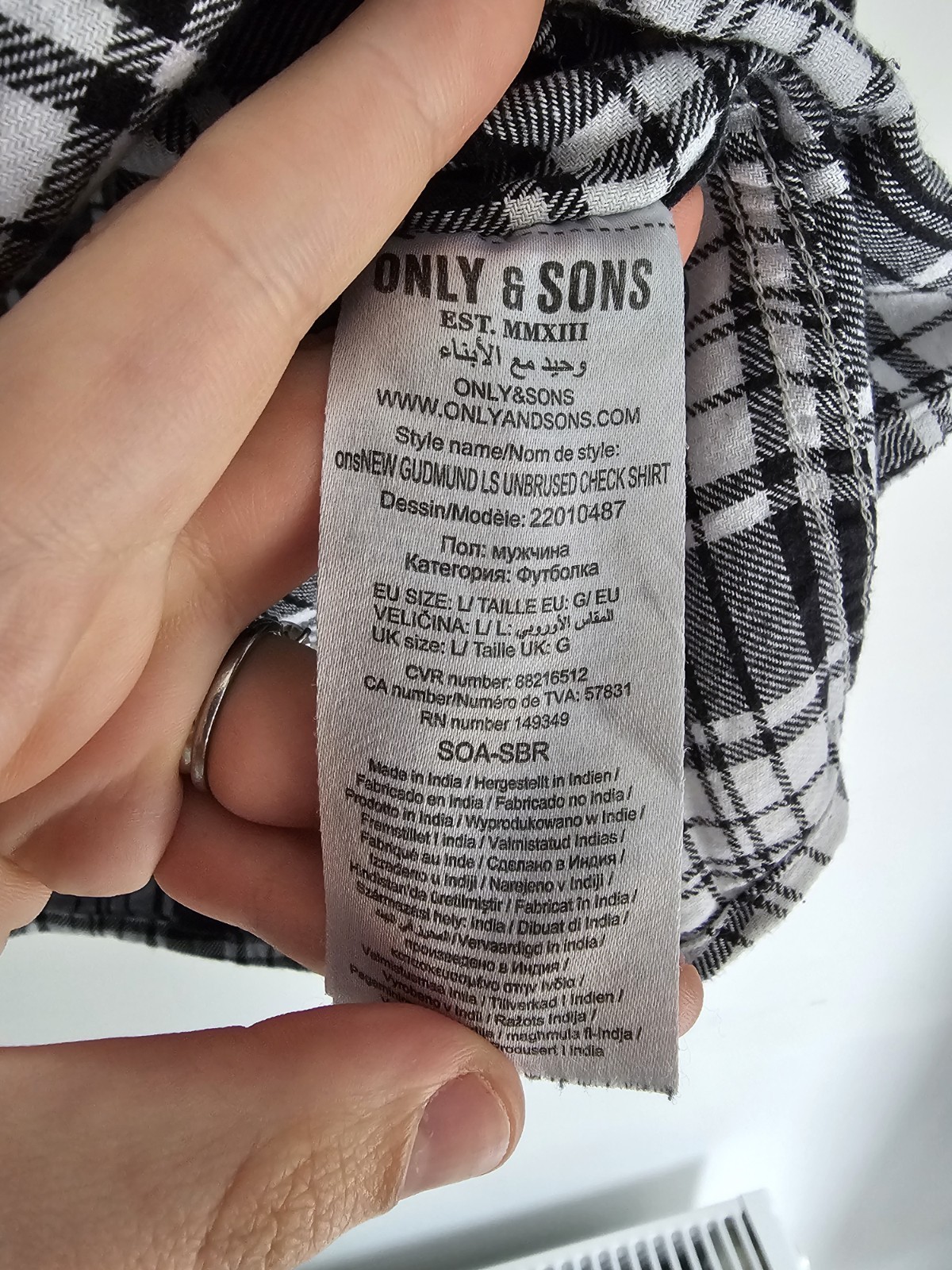 Only & Sons Men's Slim Fit Black and White Unbrushed Check Shirt Size Large image 7