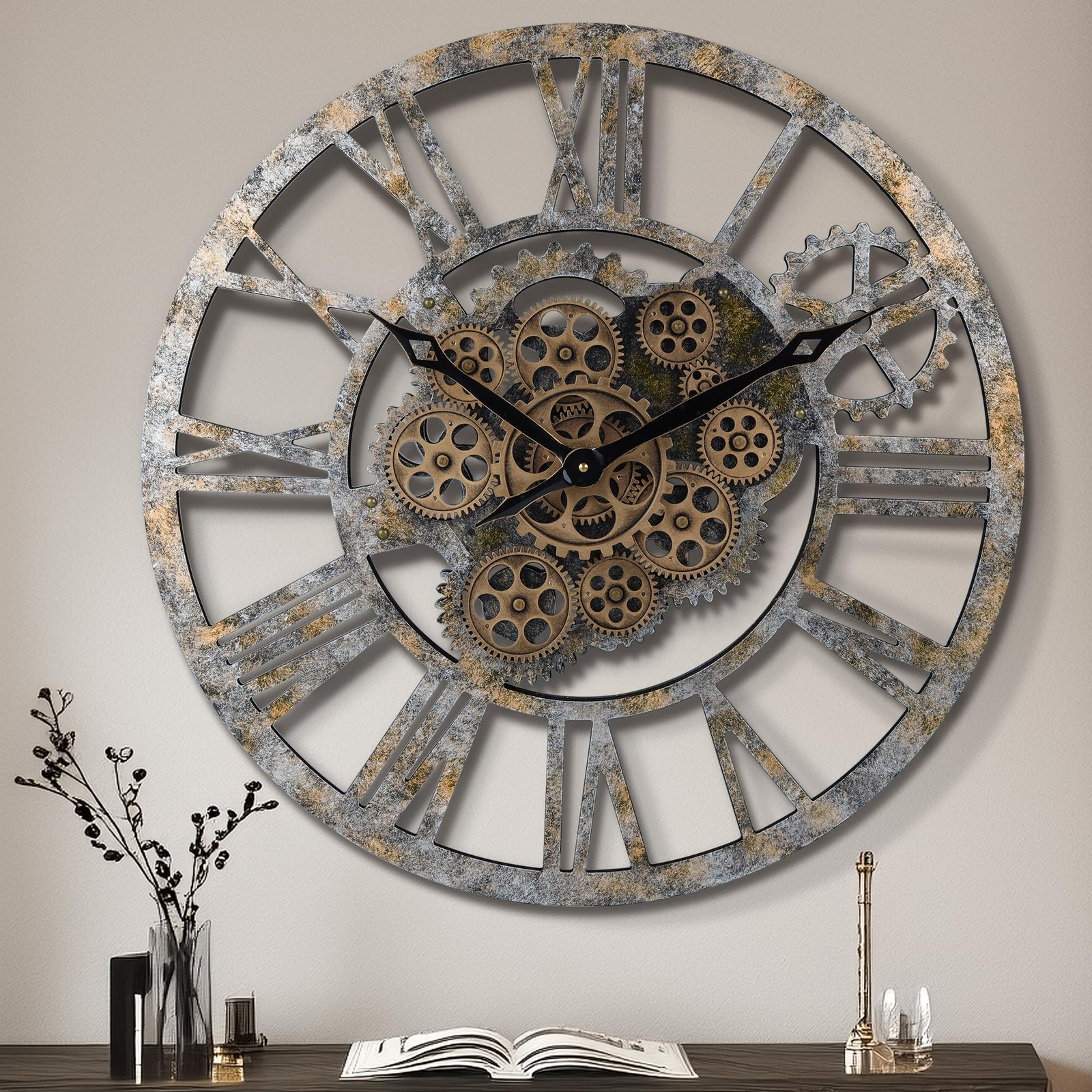 Lafocuse 23 Inch Wooden Real Moving Gears Wall Clock Distressed Bronze,Large Ove