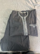 African Clothing Men Brocade Pant Suit Dashiki Grey / Silver Patterned XL