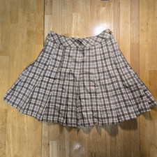 Juniors Brown/Beige Plaid Pleated Back-to-School Mini Skirt Sz S NWT