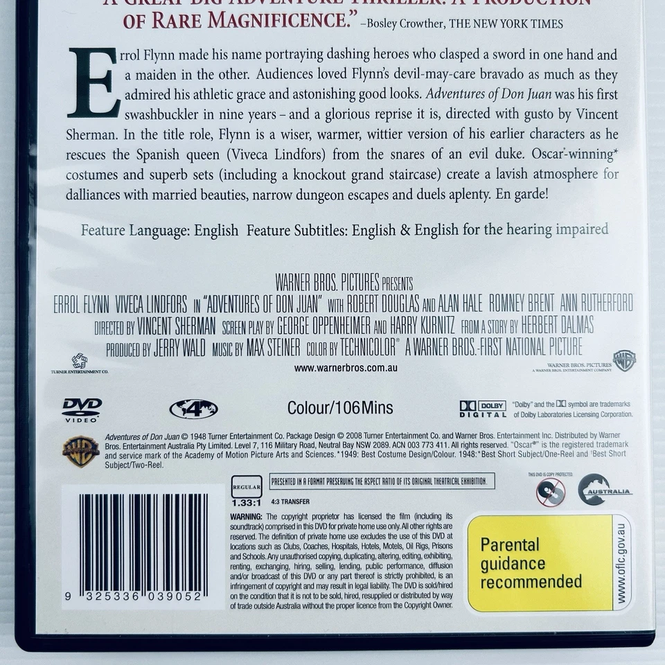 Adventures Of Don Juan 1948 DVD Action Romance Errol Flynn Viveca Lindfors Reg 4 - image 4 of 4
