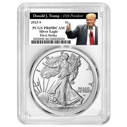 2023-S $1 1-oz Proof American Silver Eagle PCGS PR69DCAM FS Trump 45th
