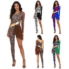 Womens Leotard Printed Bodysuit Parties Jumpsuit One Shoulder Cosplay Mesh Rave