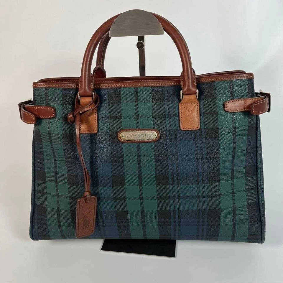 RALPH LAUREN Handbag Tote Medium Check Leather Green women's USED FROM JAPAN - Image 2 of 4