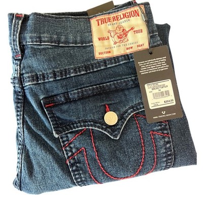 True Religion Geno BigT Flap Slim Jeans Dark Shivering Wash Red Stitch Men 34x30
