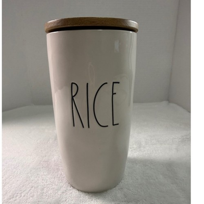 #ad Rae Dunn Ceramic Tall Rice Canister with Wooden Lid Kitchen Storage Dimpled 202 $38.58