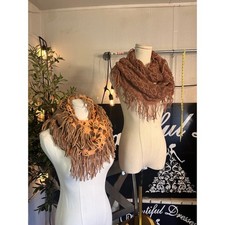 2 Chunky Knit Infinity Scarf Shawl Orange Brown Fringe Boho Festival Witchycore