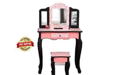 Tocador Mueble Mesa De Peinado Para Niñas Princesas Con Banco 3 Espejos Madera