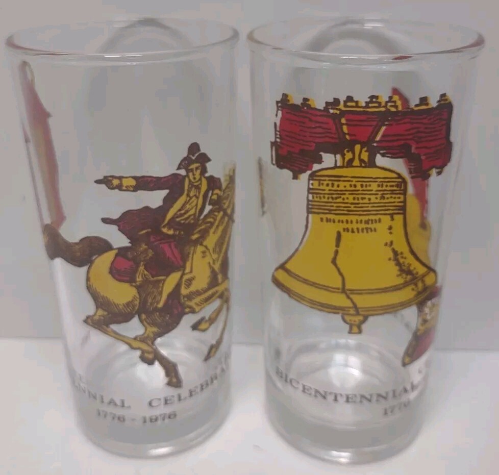 Bicentennial Celebration Glass Tumblers Paul Revere Liberty Bell 1776 - 1976