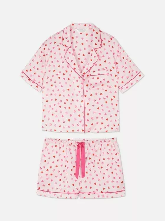 Primark ladies pink love hearts satin pyjamas All Sizes NEW