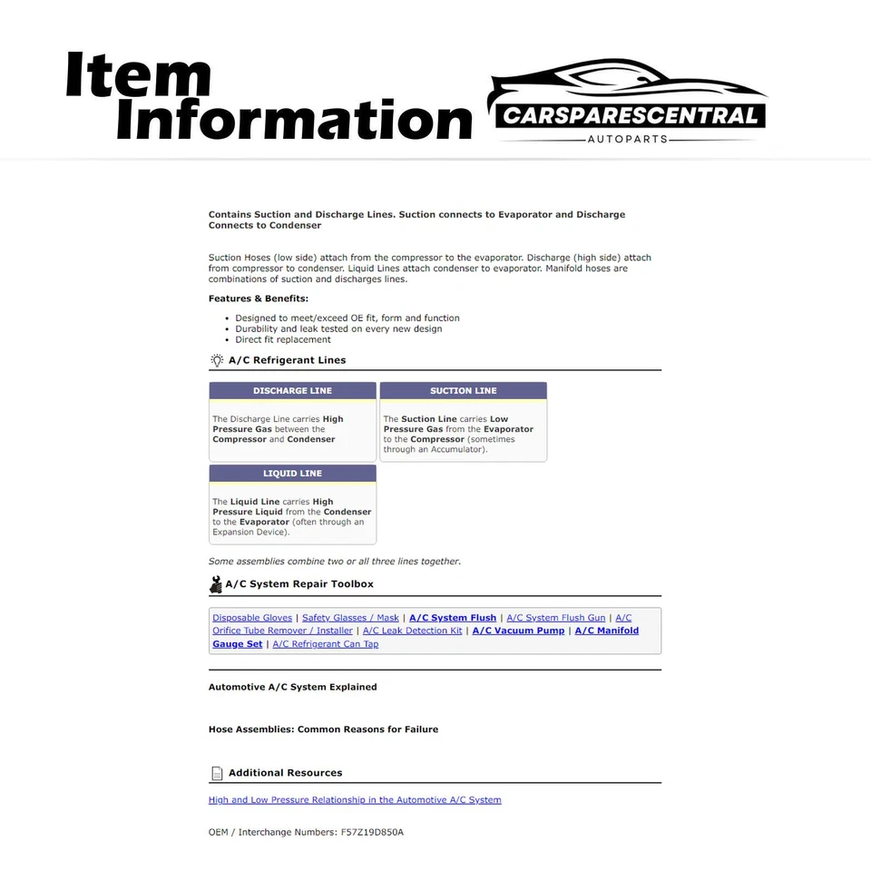 Conjunto de manguera de aire acondicionado para Ford Ranger 1995-1997 2,3 L 1995-1997 Mazda B2300 2,3 L Foto 3 de 3