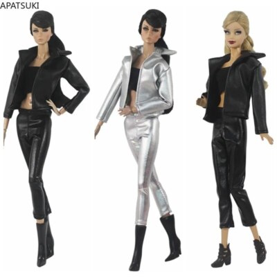 Mode Lederkleidungsset für Barbiepuppen Outfits Jacke Enge Hose Oberteil Stiefel