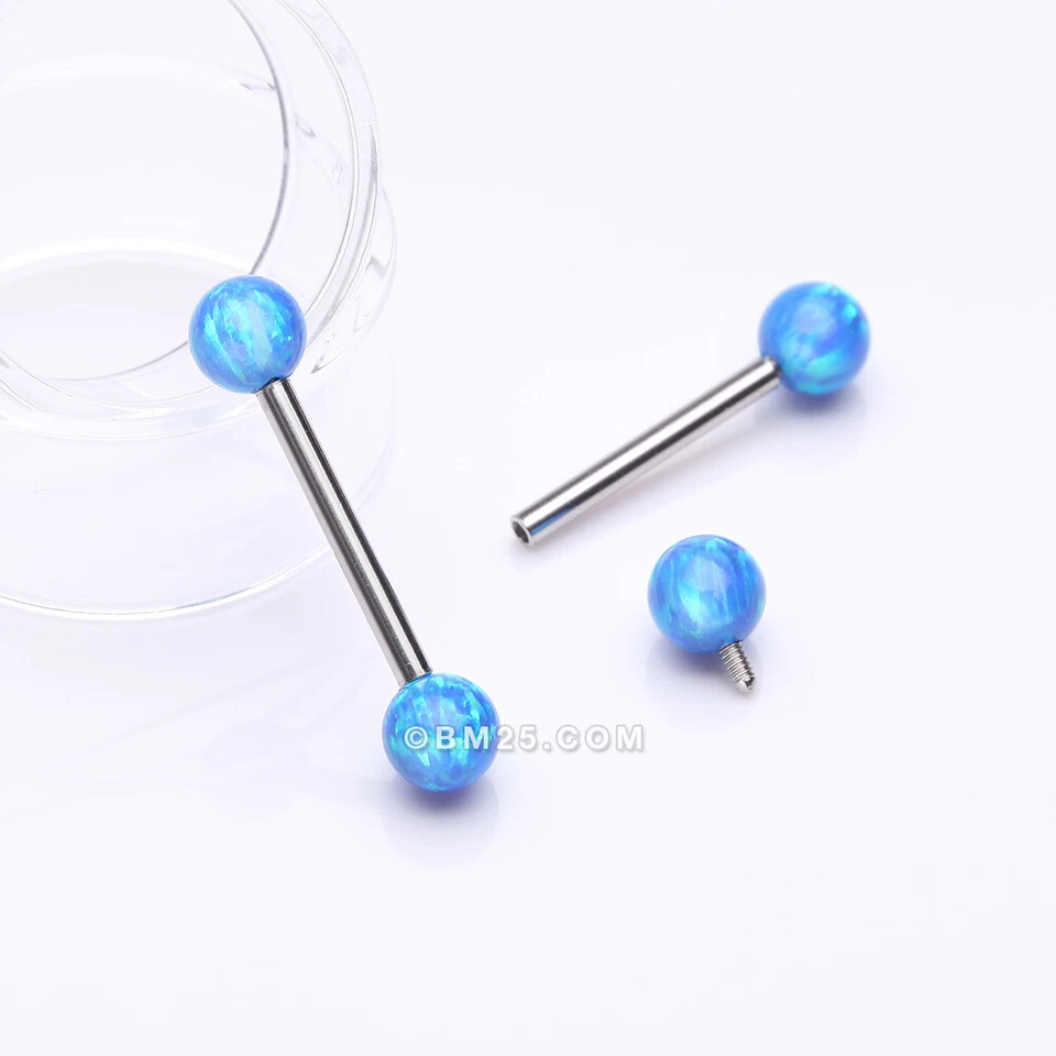 Un par de barras de pezón roscadas internamente bolas de ópalo de fuego de titanio grado implante Foto 3 de 4